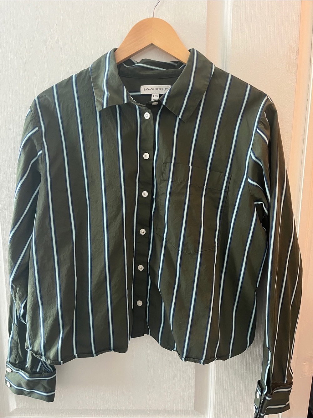 Banana Republic Olive Green Button-Up with Light Blue & White Stripes